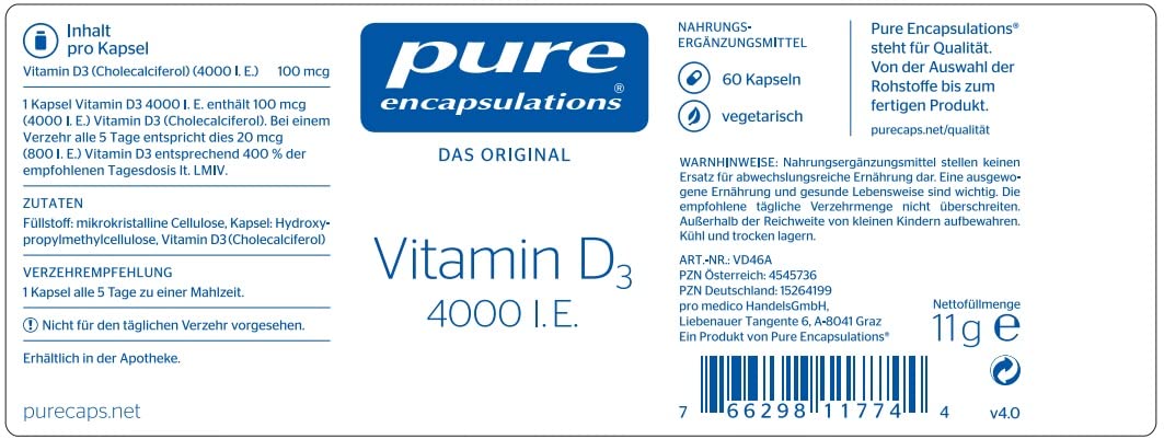 Pure Encapsulations Vitamin D3 4000 I.E. 100 µg, 60 Kapseln