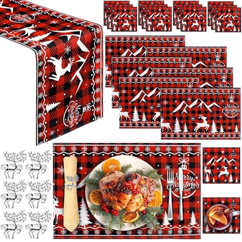 Christmas Table Decoration Christmas Table Runner and Placemats Set for 6 People, Festive Holiday Party Wedding Dining Decor with 1 Table Runner, 6 Placemats, 6 Napkin Rings, 12 Coasters