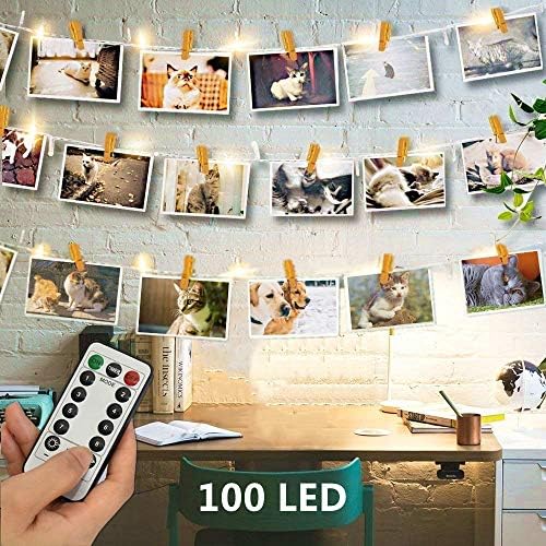 100 LED Wooden Photo Clips String Lights Picture Display - 33ft Battery Operated Hanging Picture Frame Indoor Fairy String Lights for Wedding Bedroom Party Christmas Decorations [Remote & 8 Modes]