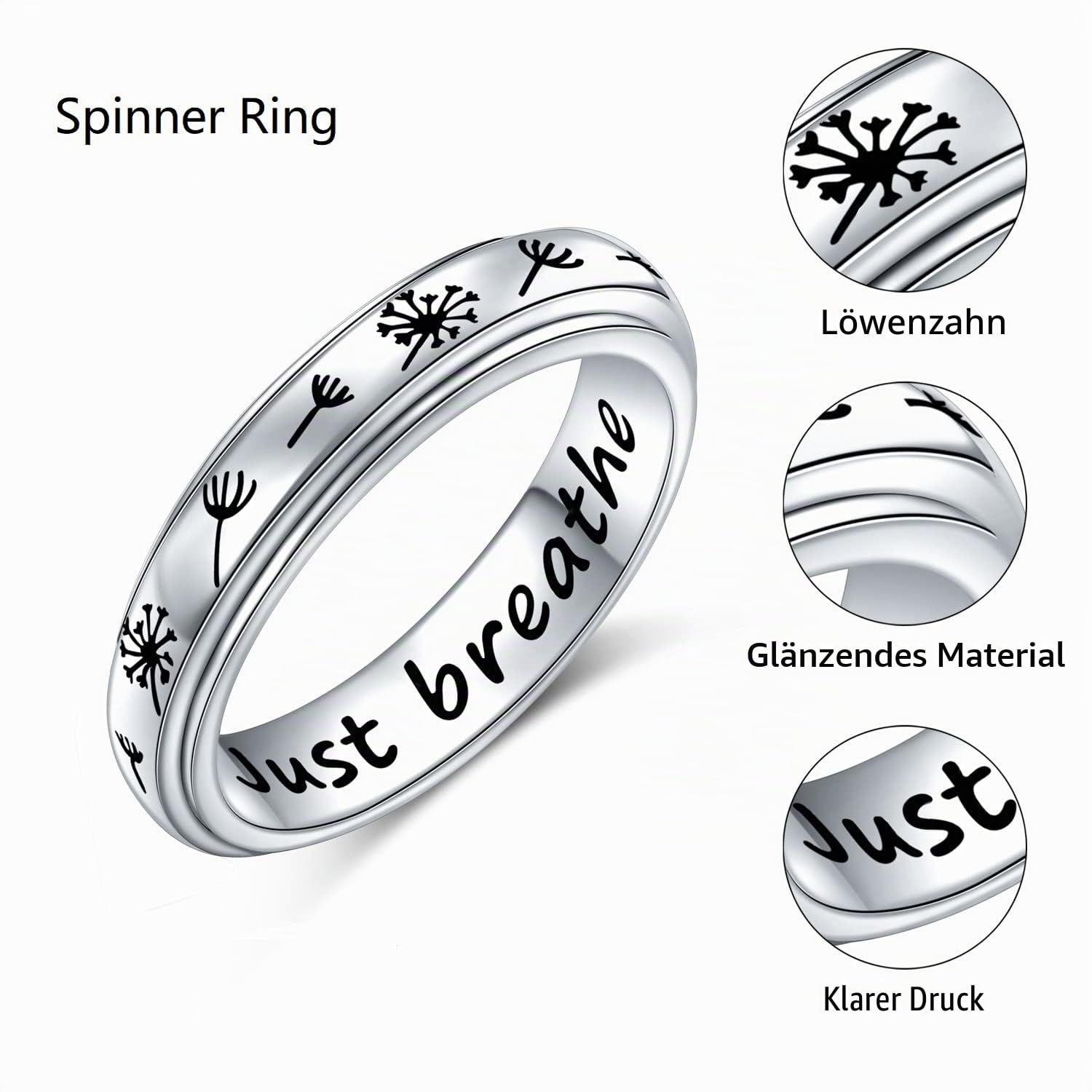Flyow Weihnachtsgeschenke Just Breathe Spinner Ring für Damen Mädchen 925 Sterling Silber Löwenzahn Fidget Ringe für Angst Stress Relieving ADHD Autismus Ringe Inspirational Boho Band Ring