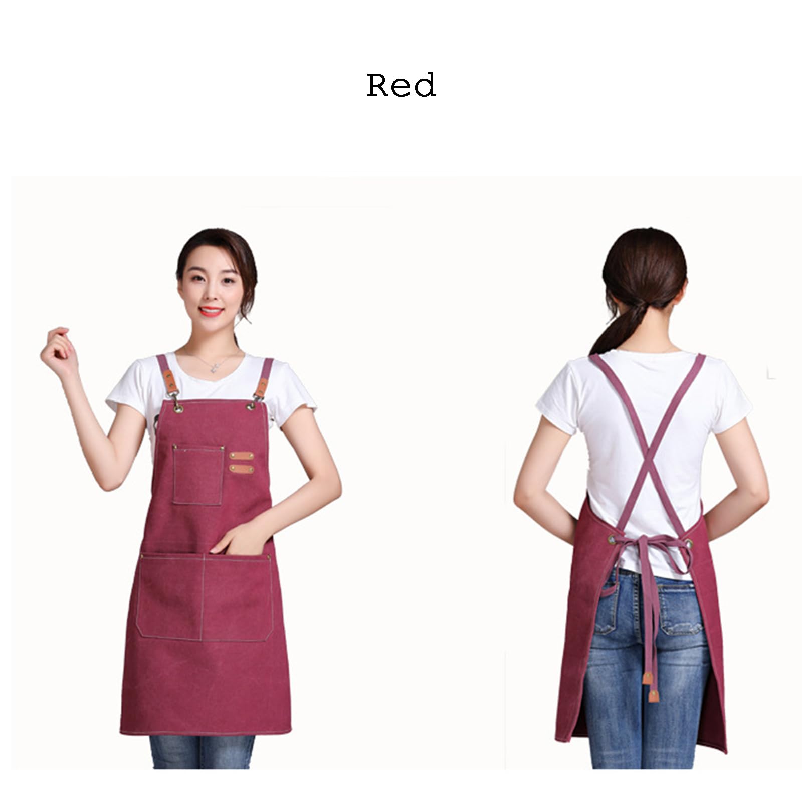 Tabards à poches, Tabliers unisexes en toile de coton avec bretelles et poches réglables, multicolore(Red)