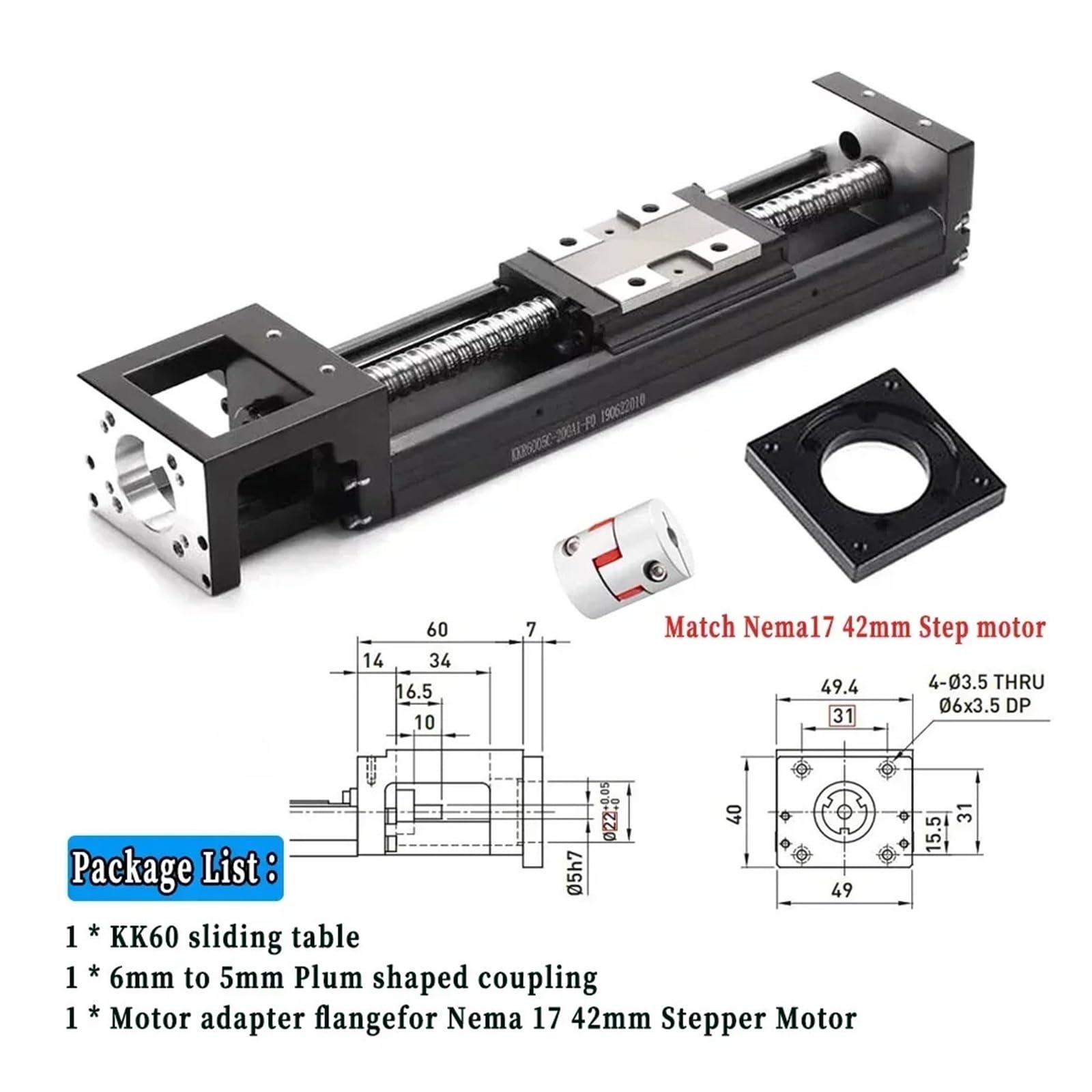 Glissière à vis à Billes KK60 Module de Mouvement linéaire Course de 60 à 510 mm Répétabilité ± 0,01 Guidage Industriel Support Nema 17(10mmPitch-60 Stroke)