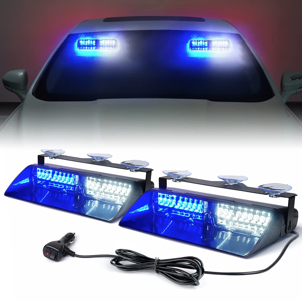 Xprite 2×11 inch High Intensity White Blue 32 LED Emergency Strobe Dash Lights, Interior Windshield Flashing Police Light w/Suction Cups for Police Law Enforcement POV Vehicles Trucks