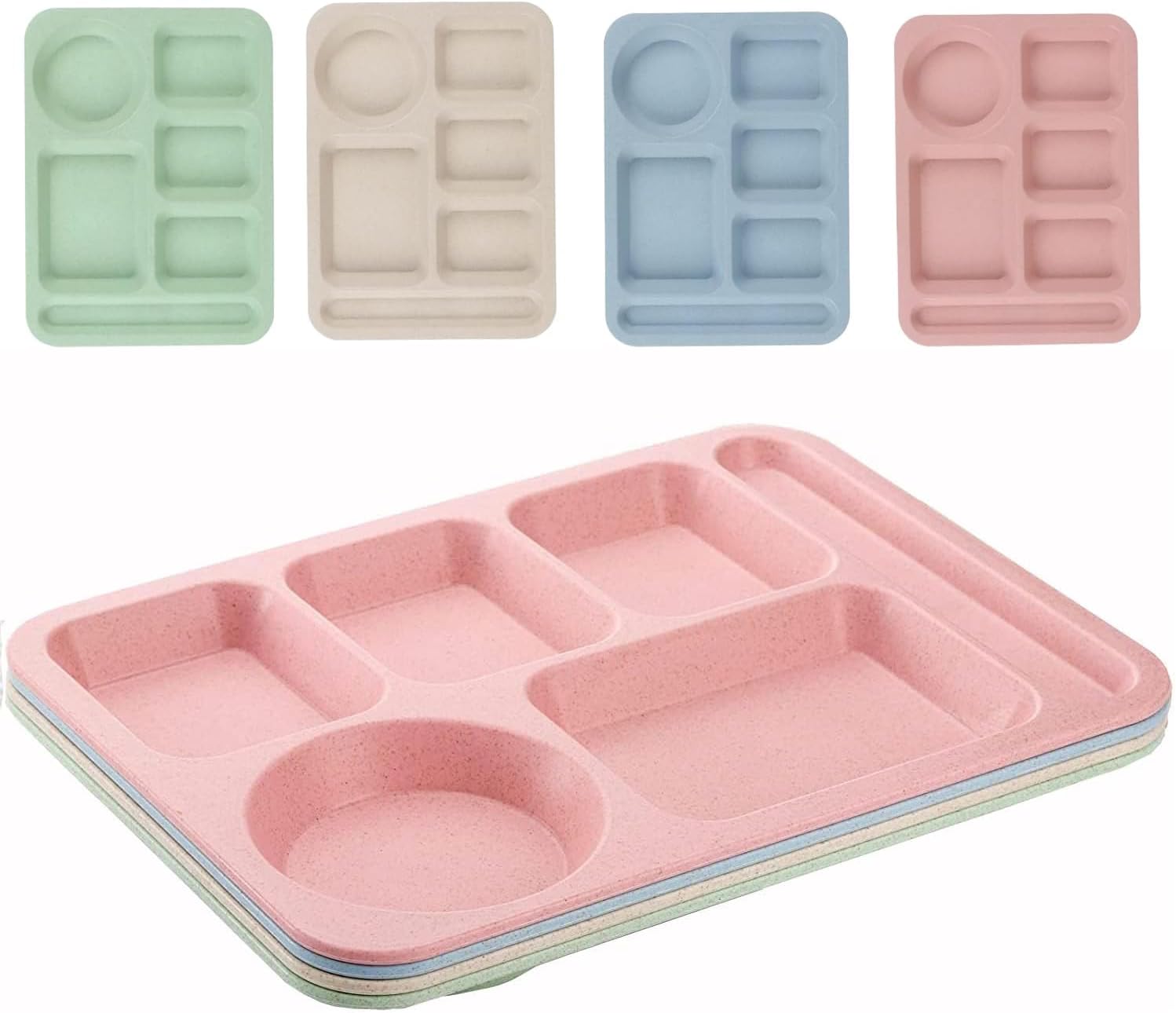 4 Pack Unbreakable Divided Plate, 14-Inch Plastic Divided Plates, Unbreakable and Reusable, Multi-Compartment Portion Control Trays for Adults, Microwave Safe and Dishwasher Safe (4 Colors)