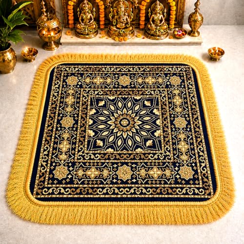 Image of Premium Prayer Mat /Aasan for Home Temple & Meditation | Soft Velvet Touch Cushioned Pooja Mat with Tassels | Washable Floor Rug for Mandir, Yoga, Sitting Mat | 20 x 20 Inch (Blue)