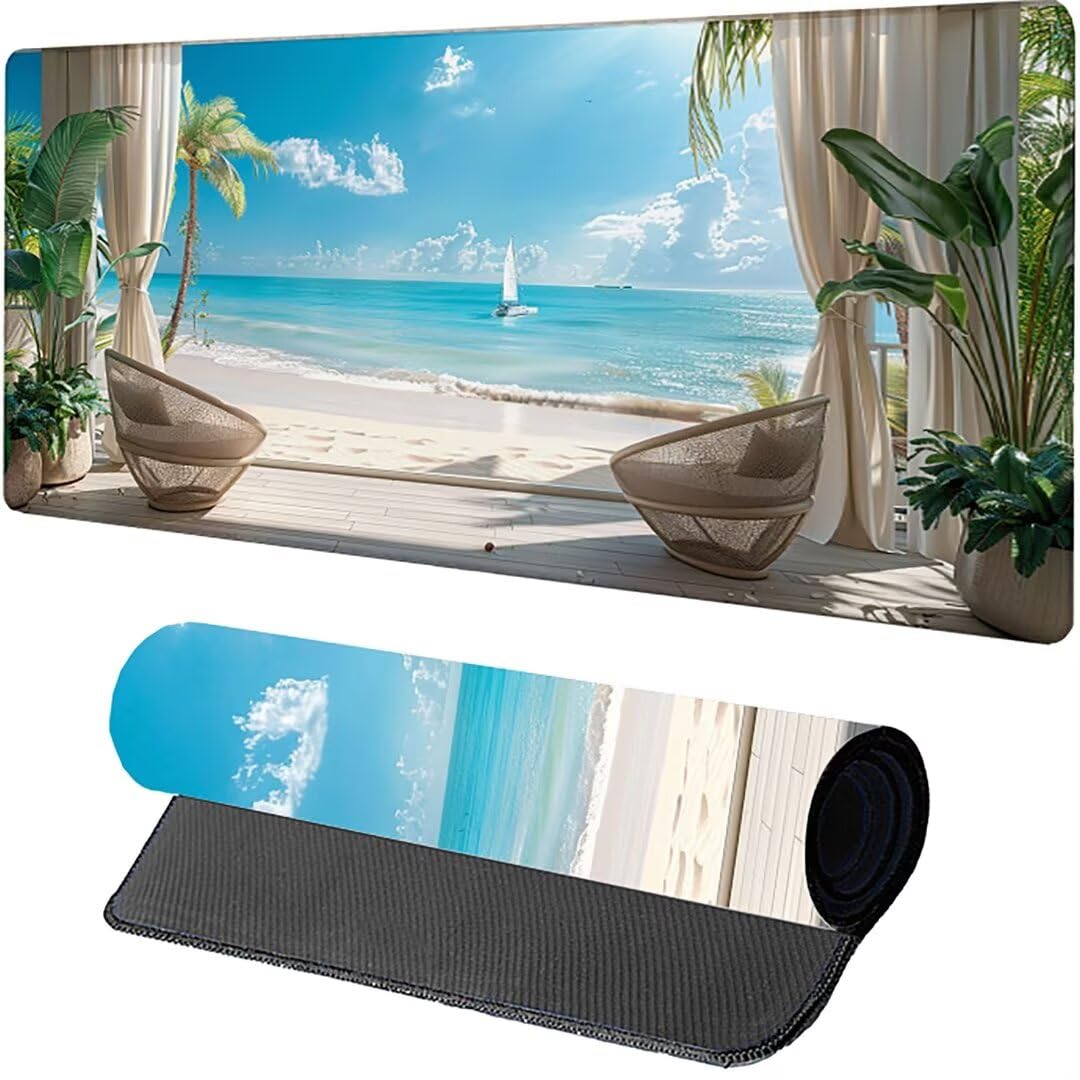 Excel Shortcut-Tasten-Mauspad - erweitertes großes 1200 x 600mm XL-Spickzettel-Gaming-Mauspad | PC-Büro-Tabellenkalkulation-Tastaturmatte | rutschfeste genähte Kante Strand Segelboot