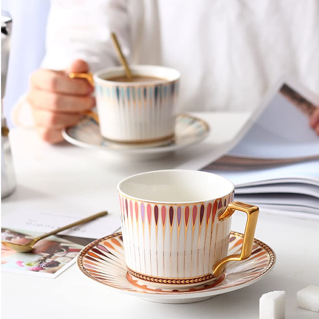 Untertassen und Löffel, Keramikbecher, Teetassen- und Untertassen-Sets 7,4 Unzen, goldene Handdruck-Teetasse mit Untertassen-Set und Tasse und Keramik-Untertassen-Set for Kaffeespezialitäten, Latte, C