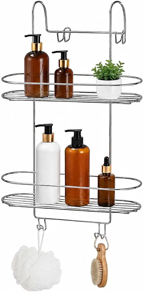 Prateleira de banheiro 2 Andares com Ganchos, Suporte Organizador de Banheiro para Box, Porta Shampoo e Sabonete, 52x27 cm, Antiferrugem, Alta Durabilidade