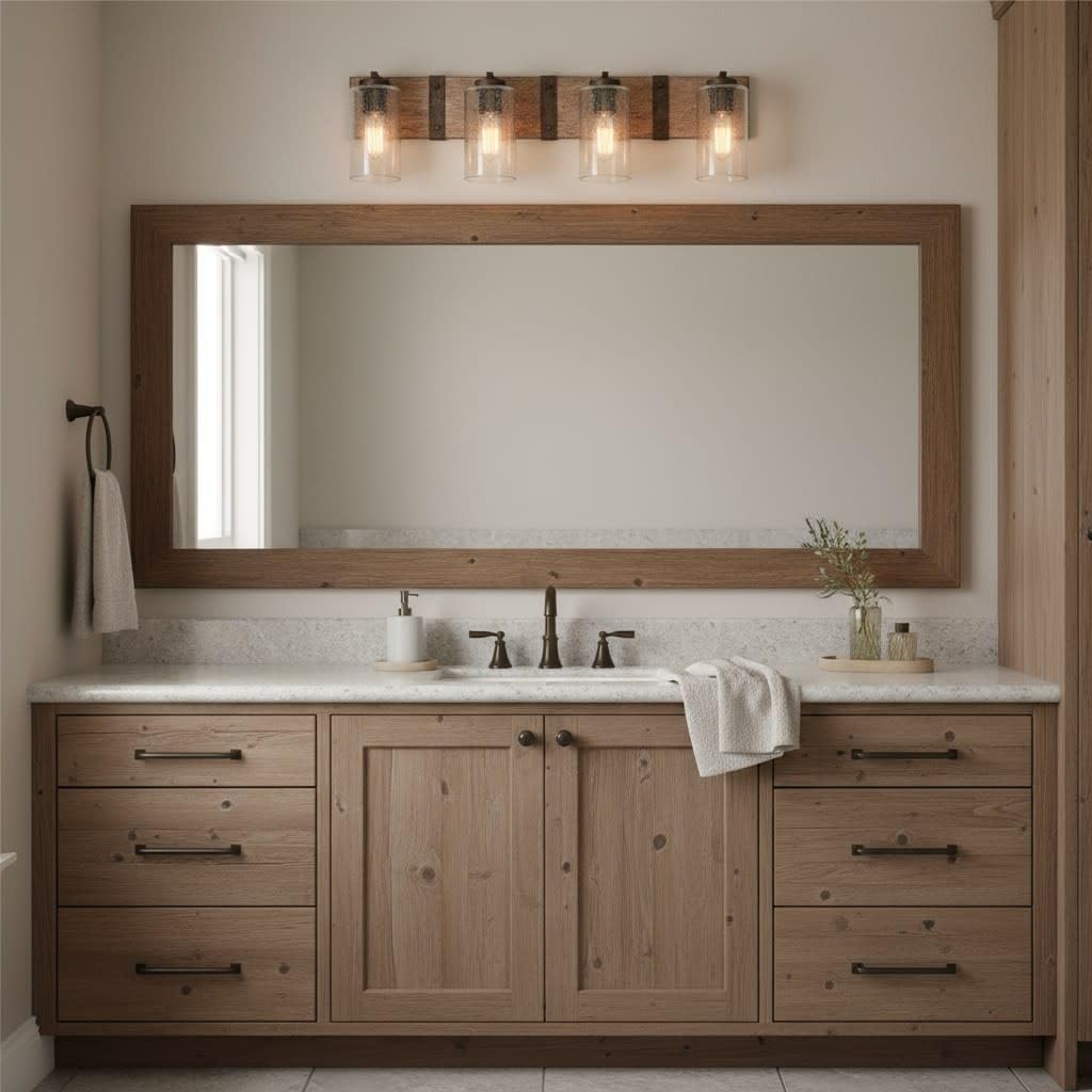 Hinkley Sawyer 5944SQ Four Light Bathroom Vanity Fixture, Rustic Wall Sconce, Mount Up or Down, Farmhouse Style, Sequoia and Iron Rust