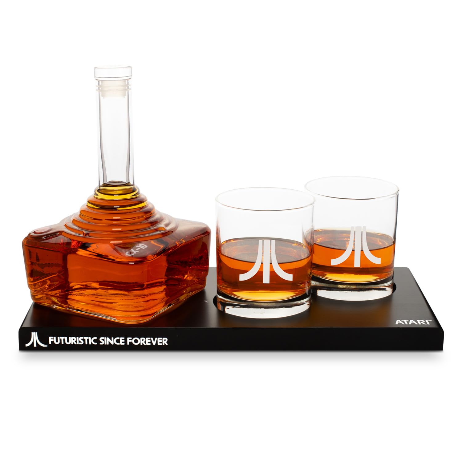 Official Atari Joystick Decanter Set with 2 x Atari Action Button Whiskey Glasses and CX78+ Games Pad Tray, for Whiskey, Scotch & Gin, 750ml Decanter, 300ml Glasses, Birthday Gift for Men - ThumbsUp!