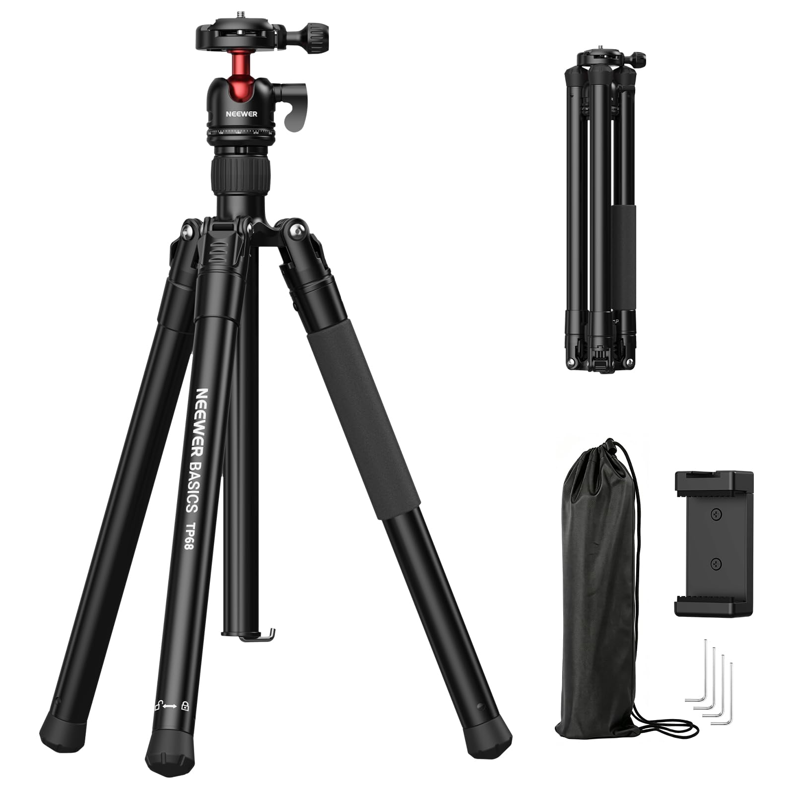 NEEWER BASICS Monopiede Treppiede Fotocamera da 145cm con Piastra QR Arca Testa Sfera Porta Telefono, Tripod da Viaggio Compatto e Portatile per iPhone DSLR Videocamera Video Streaming, Max 3kg, TP68