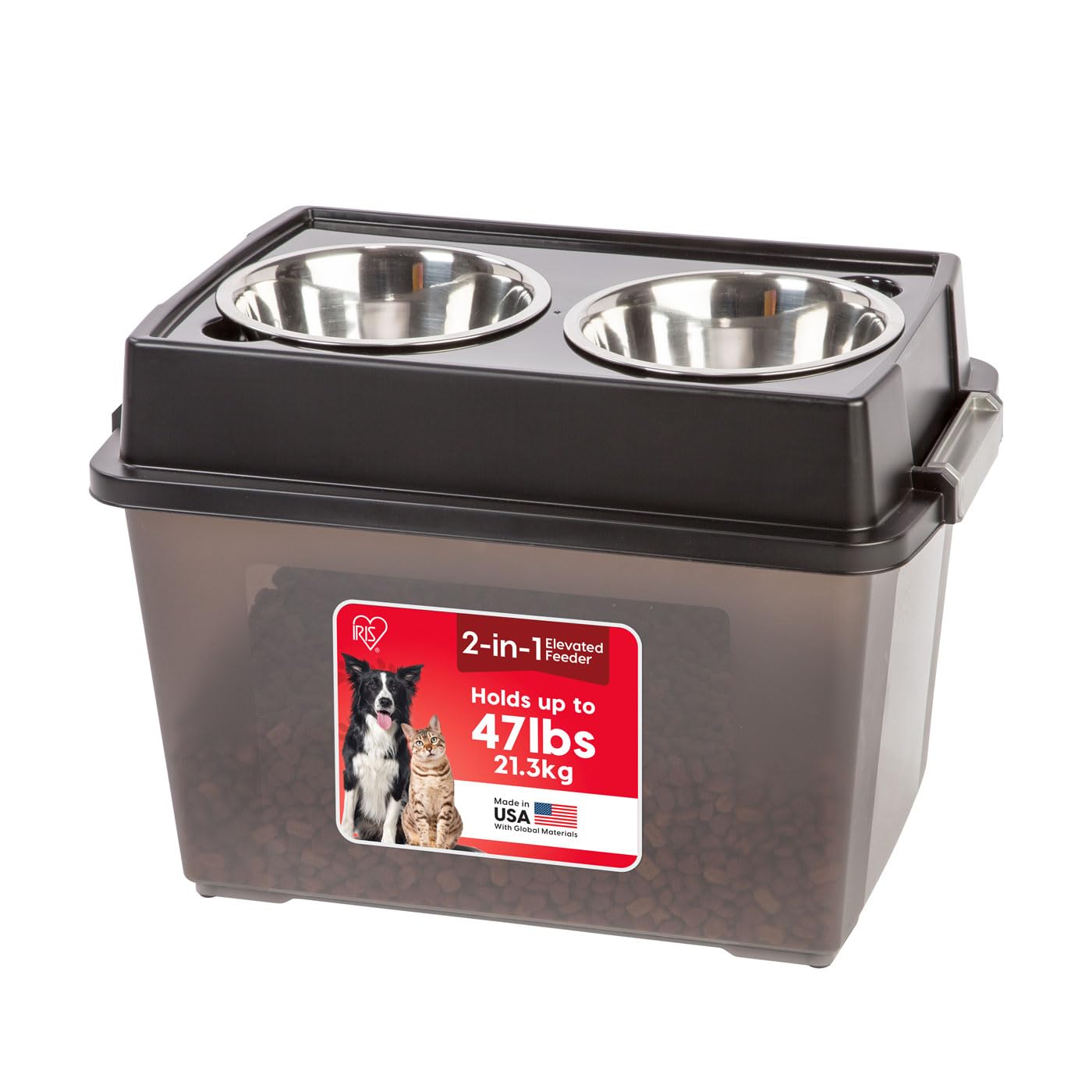 IRIS USA 2-in-1 Elevated Dog Bowls 6" H with Airtight Pet Food Storage Container Holds Up to 47 Lbs, Removable 4 Thick 16 oz Stainless Steel Bowls, at Home or Camping Pet Dish Bowl Set, Smoke/Black