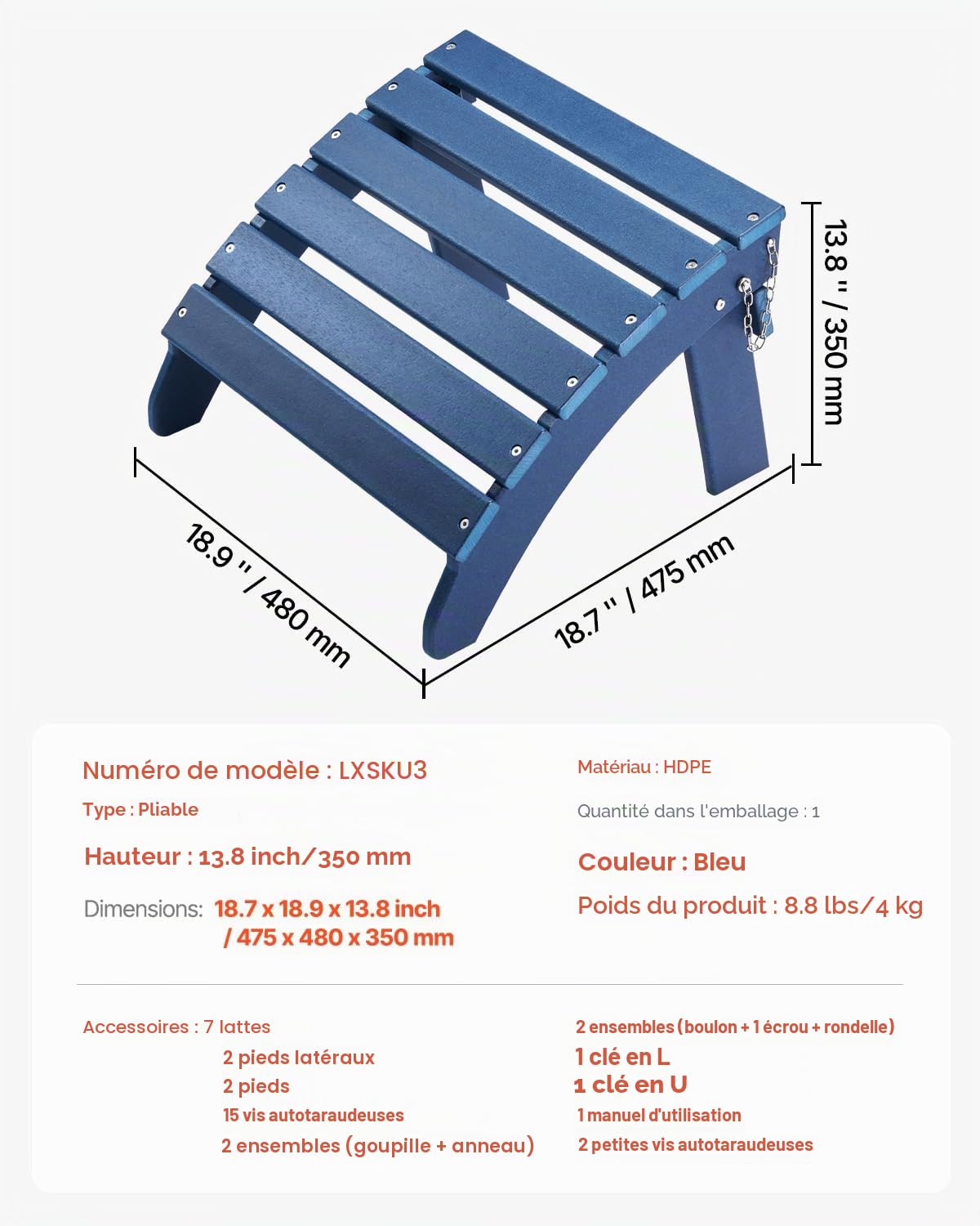 VEVOR Repose-pieds Pliable Adirondack, 475x480x350 mm, en PEHD, Résistant aux Intempéries pour Chaise Adirondack, Montage Facile, pour Extérieur, Patio, Porche, Piscine, Pelouse, Arrière-cour, Bleu