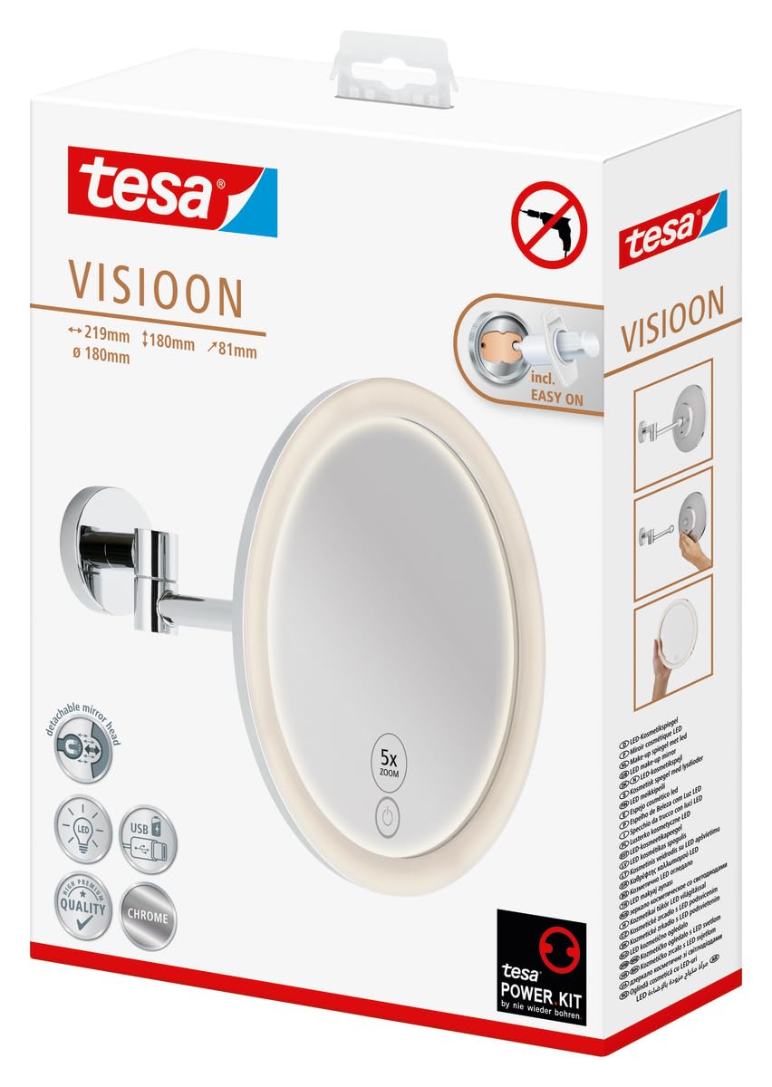tesa VISIOON LED specchio da trucco con illuminazione dimmerabile - Touch Control, Ricaricabile, Ingrandimento 5x, Braccio Snodato - Montaggio Senza Foratura - 18 cm - cromato