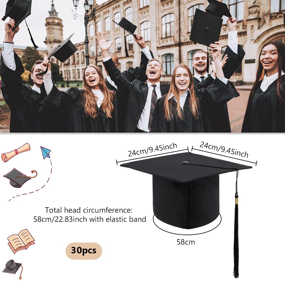 ORIGACH 30 gorras de graduación a granel negras ajustables para adultos con borla, para hombres, mujeres, estudiantes, para ceremonia escolar, accesorio de disfraces, accesorios para fotos