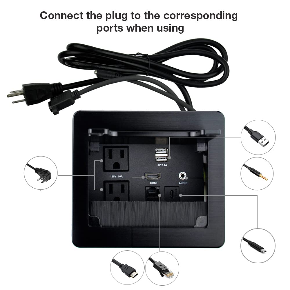 Tabletop Brush Flip Connectivity Box with 2 AC Power + 2 USB Charger + HDMI + 1 3.5mm Audio + USB-C Data + RJ45(cat6) for Conference Room (Black)