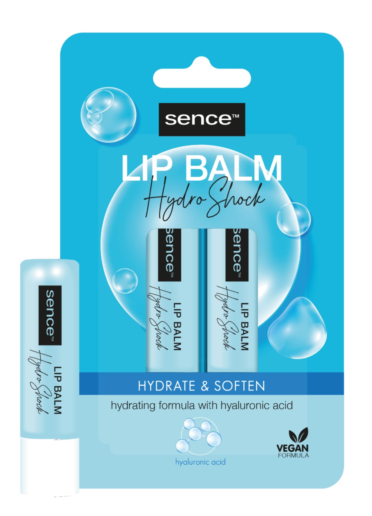 Sence Balm Hydro Shock, pomadka do ust z kwasem hialuronowym i parafiną, kosmetyk do pielęgnacji ust, pielęgnacja na dzień dla gładkich ust, wegańska pomadka do ust (2 x 4,3 g)