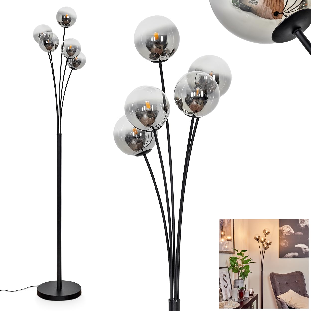 Stehleuchte Bernado, dimmbare Stehlampe aus Metall/Glas in Schwarz/Rauchfarben/Klar, Standleuchte mit Glaskugeln (Ø 12 cm), Höhe 174,5 cm, stufenlos dimmbar über Fußschalter, 5 x G9, ohne Leuchtmittel