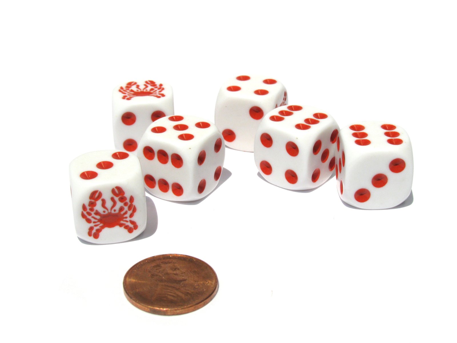 Set of 6 Crab Dice- 16mm D6 Rounded Edge Koplow Animal Dice- White with Red Pips by Koplow Games