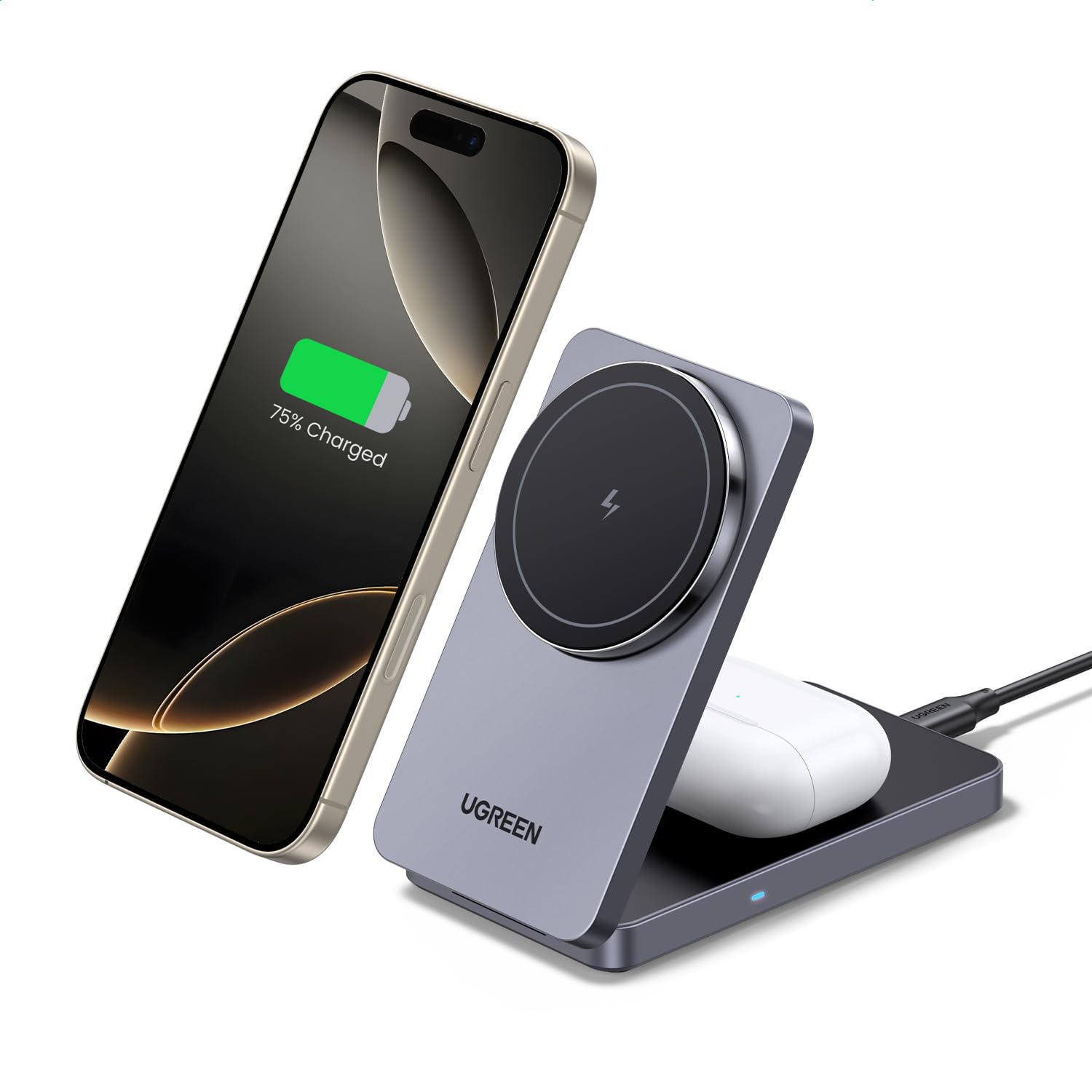 UGREEN MagFlow Caricatore Magnetico 2 in 1, Stazione di Ricarica Wireless per Cuffie Compatibile con iPhone serie 16/15/14/13/12, AirPods PRO 2/3