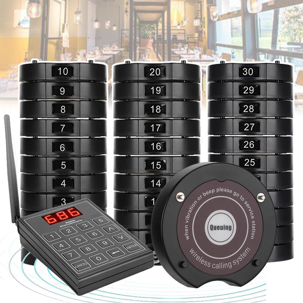 Restauracja Pager System, 999 kanałów, klawiatura do wywoływania + 30 szt. podstawek, 3 tryby wywoływania (wibracja/brzęczyk/miganie), do restauracji,baru,hotelu,kawiarni,food court,kościoła