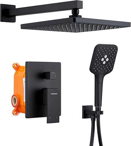 HomGoo Sistema de ducha negro, juego de grifo de ducha con cabezal de ducha de alta presión de 10 pulgadas y mano, juego de cabezal de ducha de baño HomGoo Sistema de ducha negro, juego de grifo de ducha con cabezal de ducha de alta presión de 10 pulgadas y mano, juego de cabezal de ducha de baño
