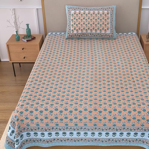 Image of 100% Cotton Single Bedsheet with 1 Pillow Cover | 240 TC Pure Cotton Flat Bed Sheet | Traditional Jaipuri Printed Bedding Set | Soft & Breathable | 60 x 90 Inch (Rangmahal Single 10)
