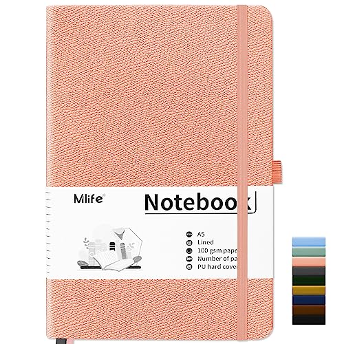 Mlife Cuaderno Rayado A5,Libreta con 200 páginas,Papel grueso de 100g/m² resistente a la tinta,Notebook con Tapa Dura de PU,Bolsillo interior,Banda elástica,Bullet Journal & Journal Diary(Rosa)