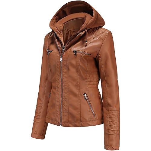Tagoo Faux Leather Jacket Women Motorcycle Coat for Biker with Removable Hood Plus Size