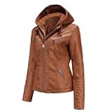Faux Leather Jacket Women Motorcycle Coat for Biker with Removable Hood Plus Size