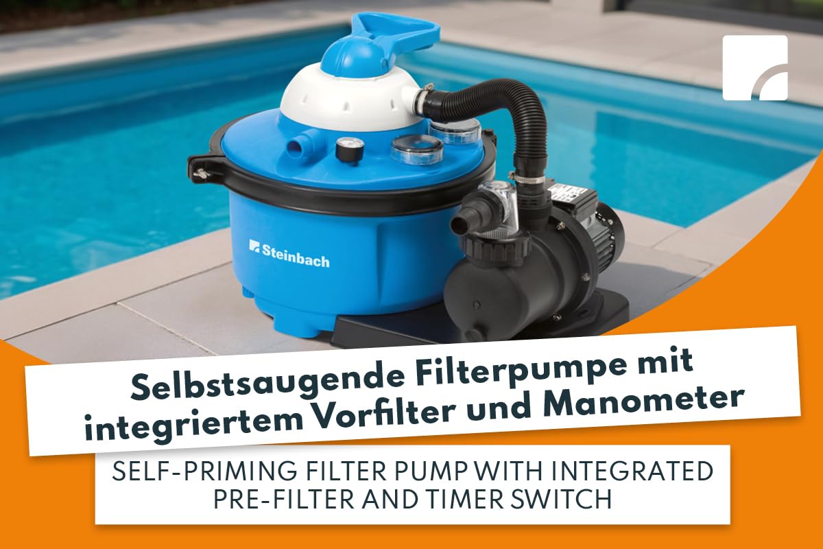 STEINBACH Filteranlage Comfort 50 – 040200Y – Selbstsaugende Pumpe für Pools mit bis zu 33.000 l – Umwälzleistung 6,6 m³/h – Mit integriertem Vorfilter und Manometer