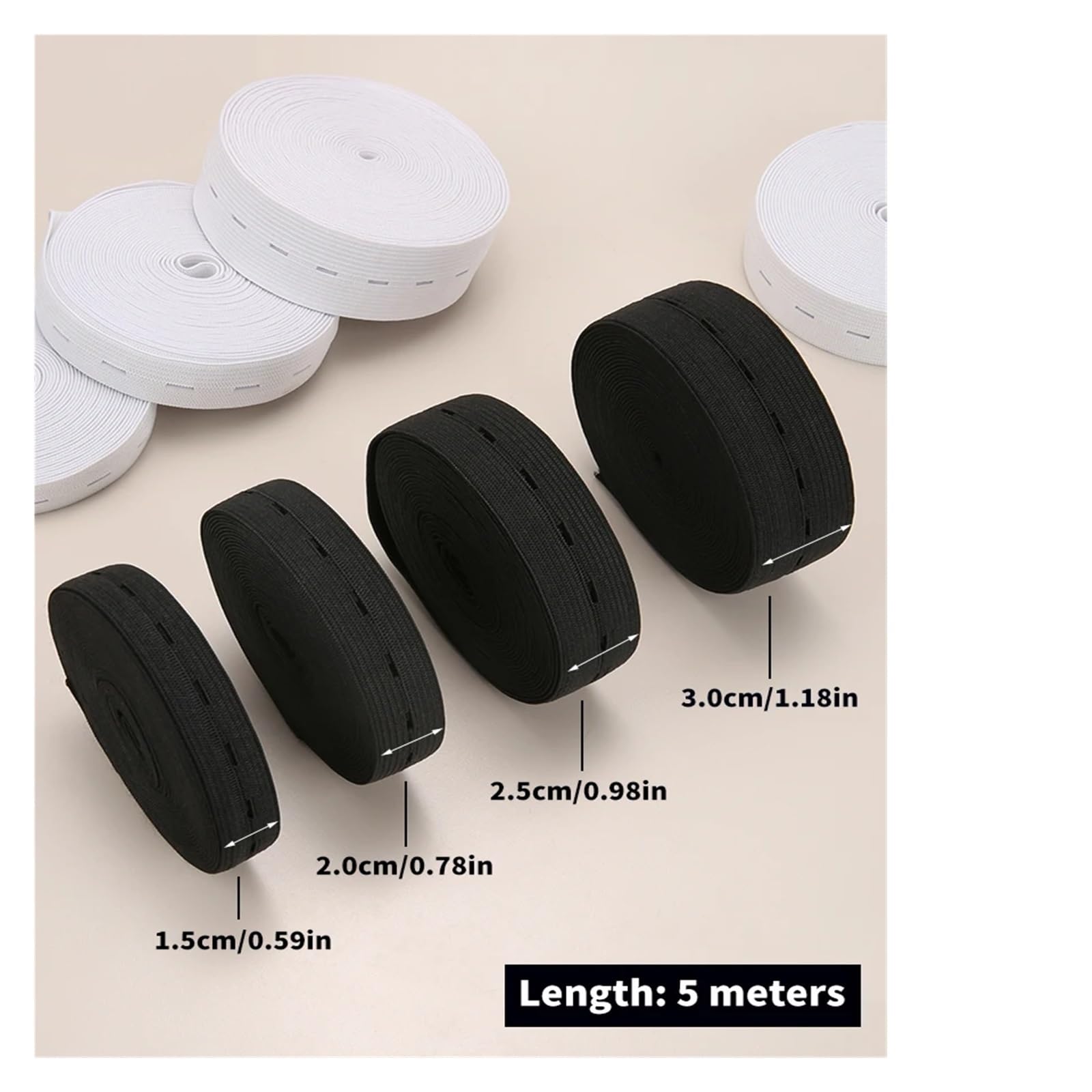 Elastyczny sznurek z dziurkami, Gumki do dziurek na guziki 5m samodzielnego szycia, czarno-białe 15-30mm(Black30mm 5meters)
