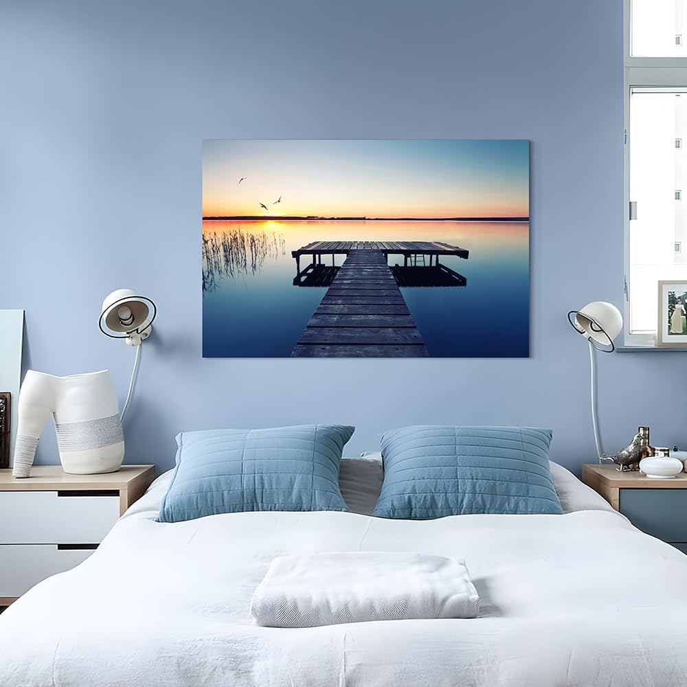 Hardy Gallery lake wall art pier picture: scenic nature canvas wall art lake scene artwork dock scenery wall decor painting - sunset landscape prints for bedroom house 45"x30"