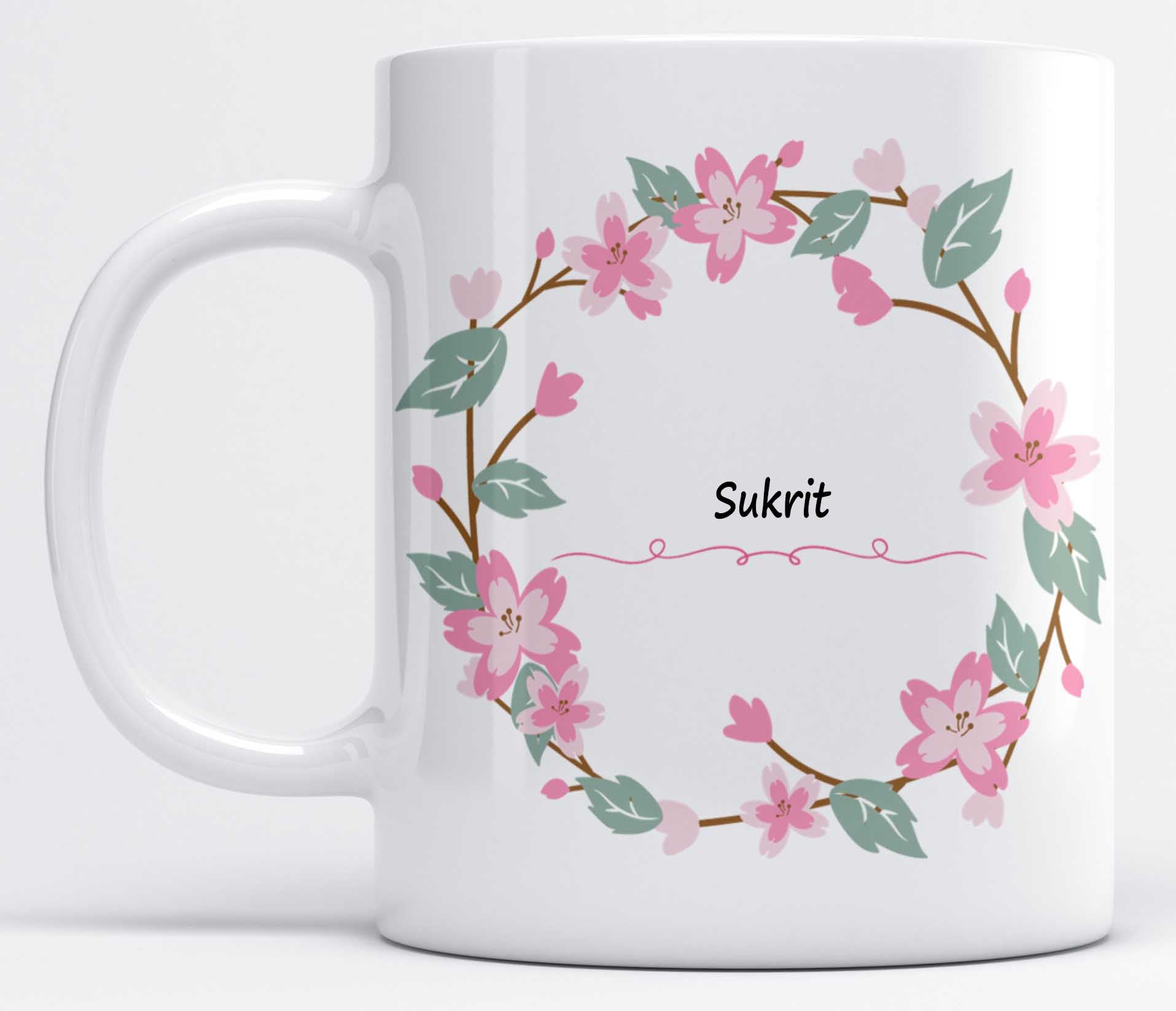 LOROFY Name Sukrit Printed Pink Flower & Green Leaves Design White Ceramic Coffee Mug (350ML)