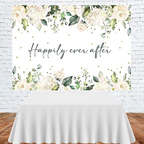 Miniatura 3 de Lofaris Telón de fondo para boda, flores blancas, hojas verdes, puntos dorados, fondo de fotografía, despedida de soltera, boda, fiesta, pancarta,