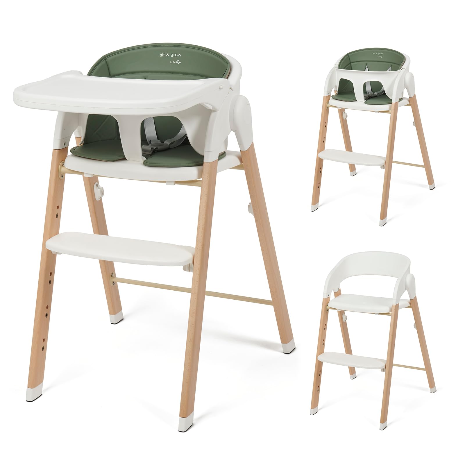 Babylo Sit & Grow - Trona y asiento infantil con arnés seguro y reposapiés, forro acolchado extraíble y bandeja para una fácil limpieza, color blanco y verde