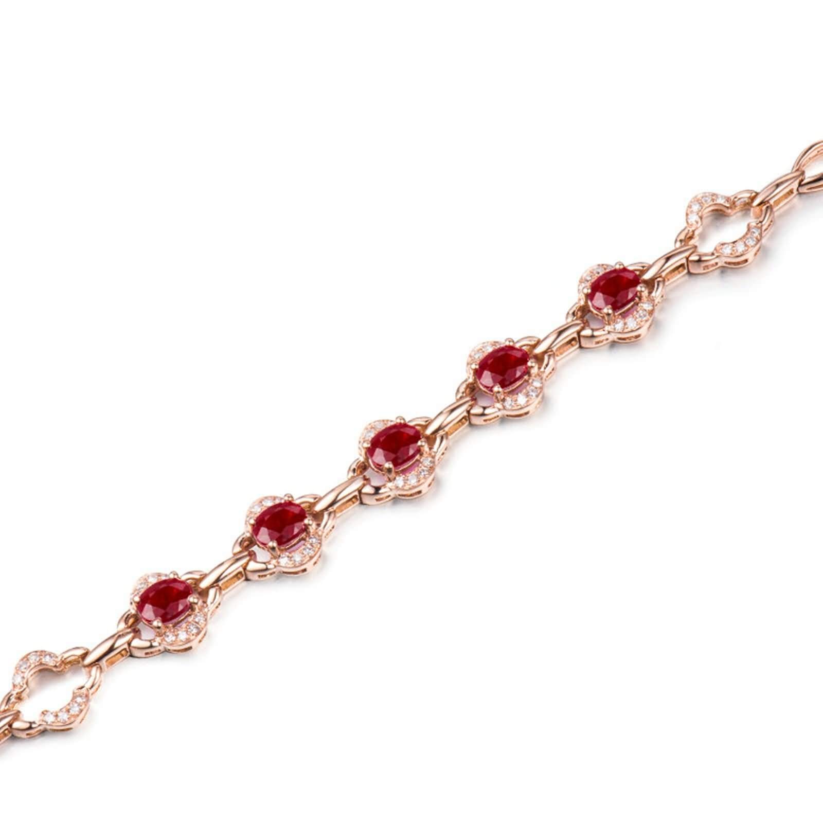 Kette Armband Roségold 9 Karat / 14 Karat / 18 Karat für Damen, Hohlblume und Oval mit Erstellter Rubin 1,26 Karat und Diamant, 16 CM + 5 CM Verlängerung, Rosegold Armband Damen