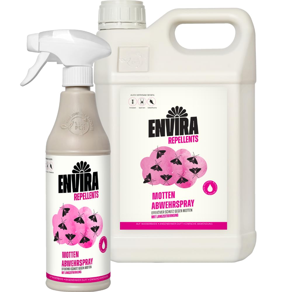 Envira Mottenspray 500 ml + 5 Liter - hochwirksam gegen Kleidermotten | Motten Spray mit Langzeitwirkung gegen Lebensmittelmotten - Mottenschutz für den Kleiderschrank, Mittel gegen Motten