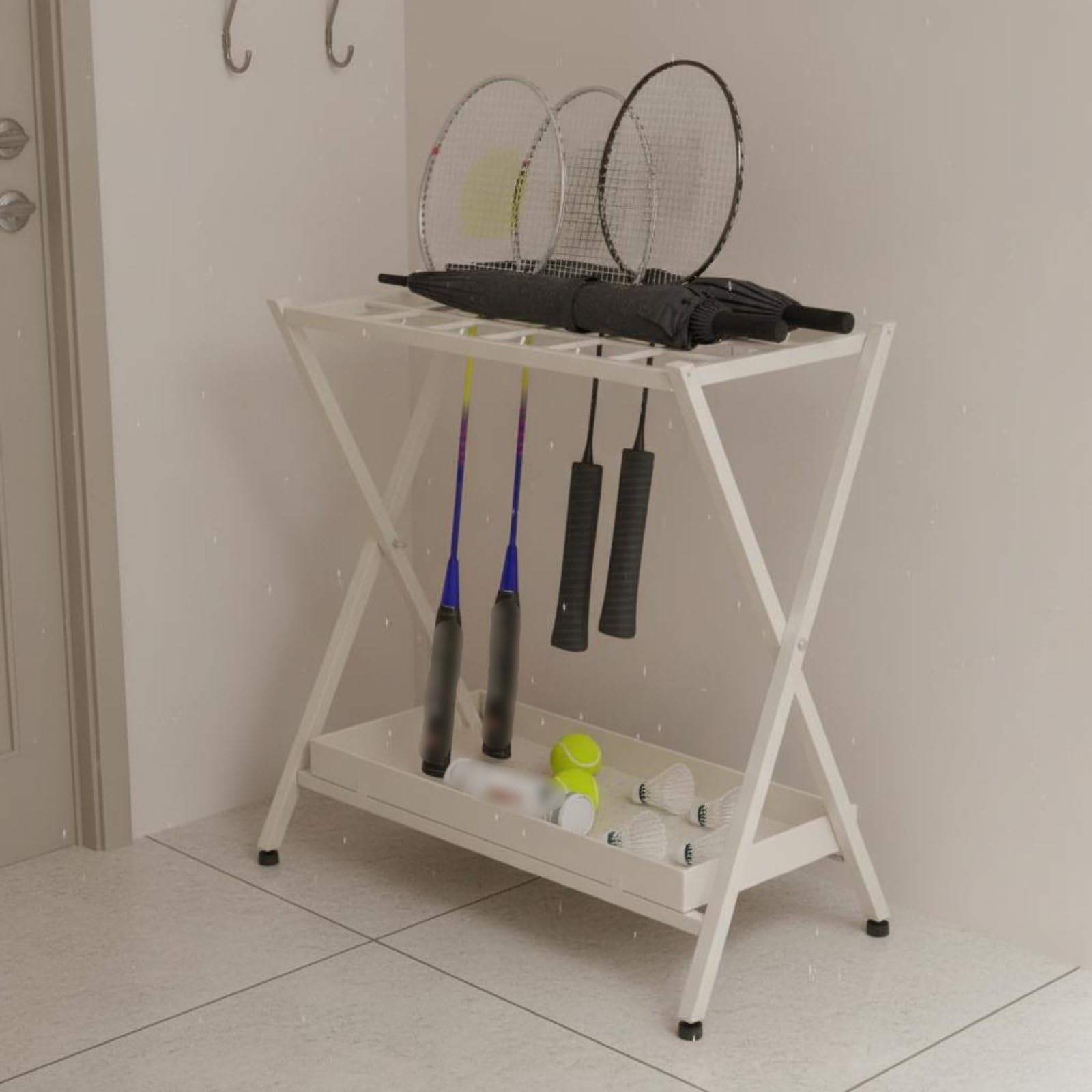Soporte Plegable Organizador de Estante para Raquetas Portacosas con Bandeja Inferior Diseño Ahorra Espacio Hierro y Plástico Adecuado para Entrada Estudios Balcón Aficionados, Blanco