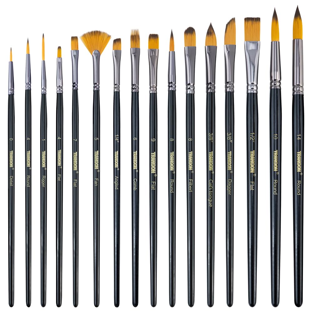 Transon 16 pcs Artist Paint Brush Set Versatile for Acrylic Painting Watercolor Painting Gouache Painting Black Color