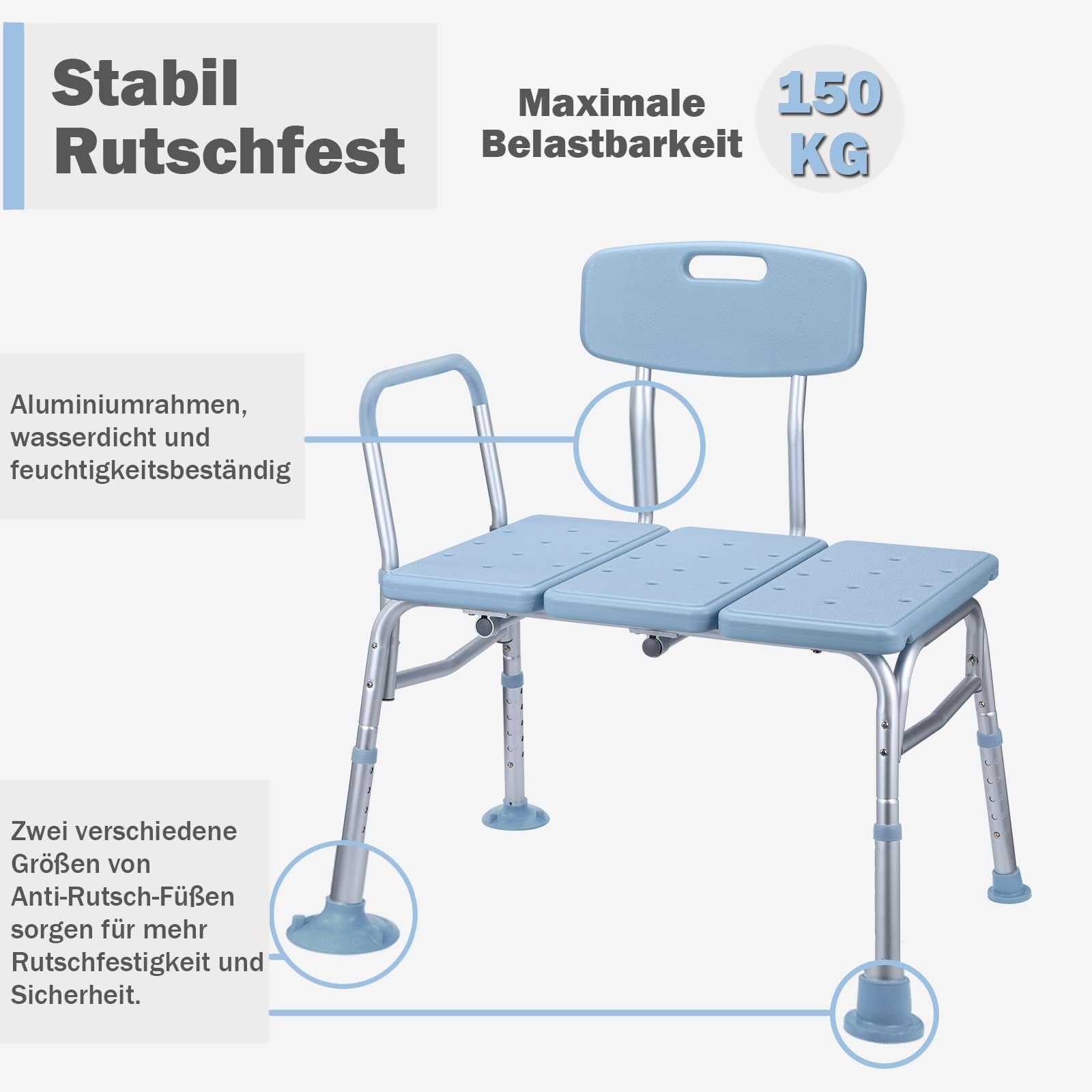 UISEBRT Siedzisko do wanny dla seniorów, krzesło prysznicowe, z regulacją wysokości, taboret prysznicowy dla seniorów, antypoślizgowa ławka prysznicowa z wyściełanym uchwytem, oparciem i