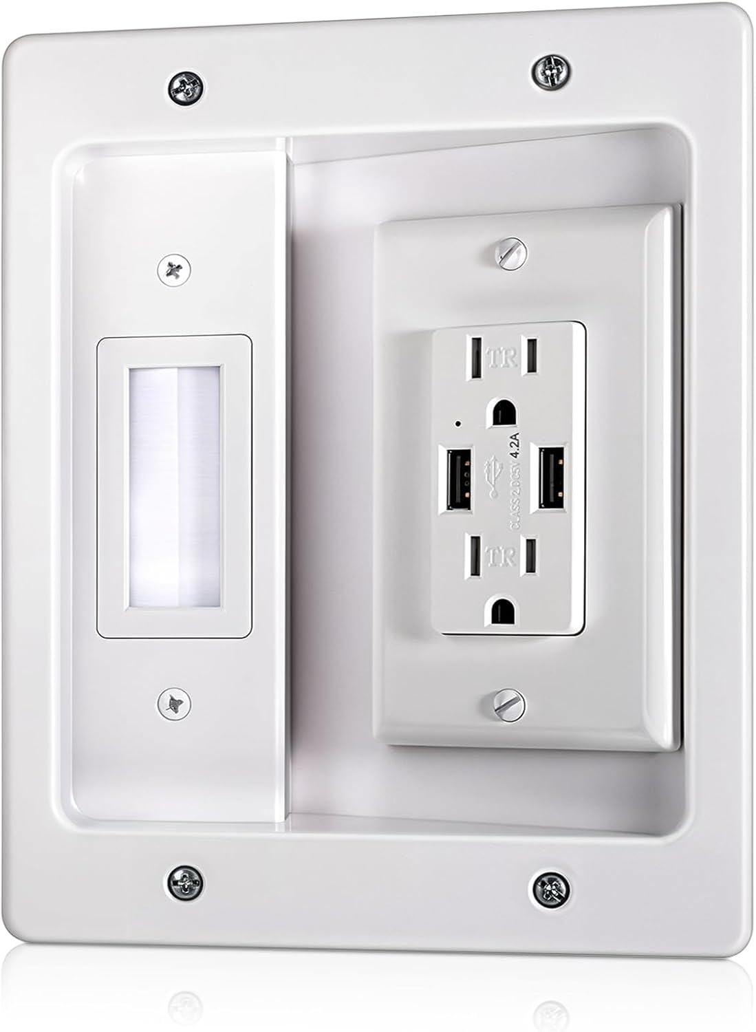 in Wall Cable Management Kit with Dual AC Outlets & Dual USB-A Ports - Recessed TV Power Kit for Wall Mounted TV, Hide Cords with Brush Plate Pass Through for Power Cables & Low Voltage Wires (White)