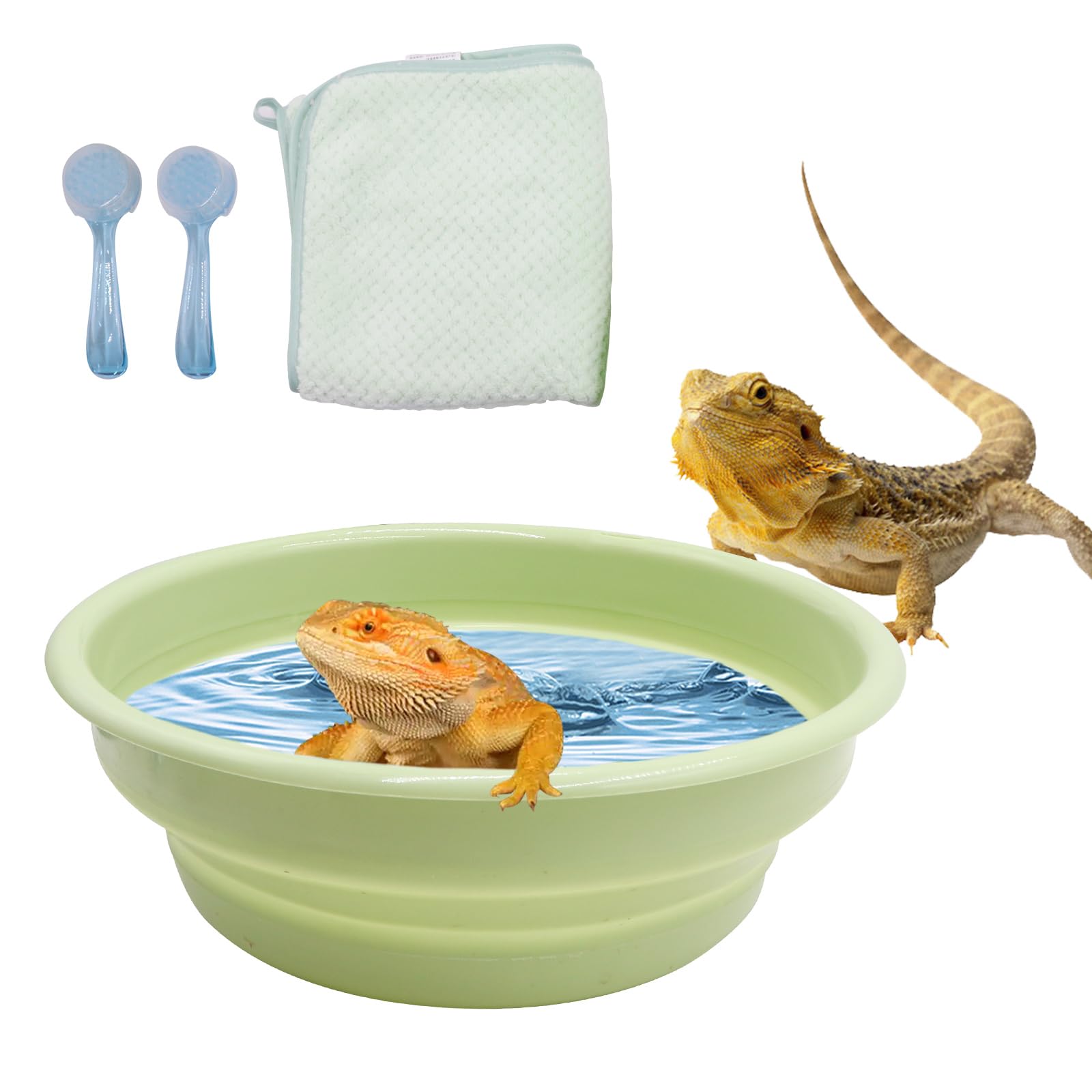 Bearded Dragon Accessories, Bearded Dragon Pool with 2 Bath Brushes and 1 Towel, Reptile Bath Tub, Reptile Swimming Pool for Lizard, Geckos, Tortoises