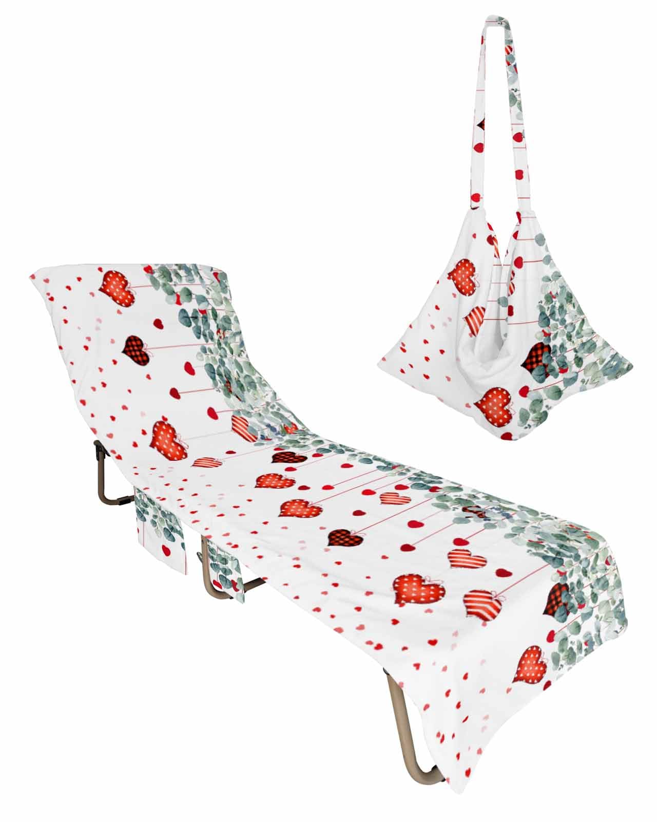 Plaid Love Eucalyptus Beach Chair Towel Covers for Chaise Lounge with Side Pocket, Soft Plush Pool Towels Cover for Patio Sunbathing Outdoor 29''x85'' Valentine's Day Simple White
