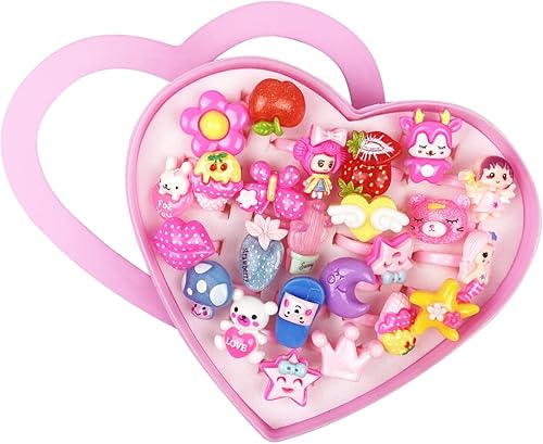 QINGQIU 24 anillos de joyería en caja de corazón para niños niñas clase escolar aula día de San Valentín premios recuerdos de fiesta