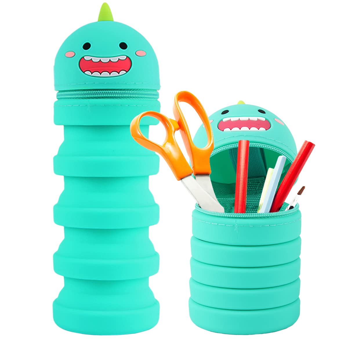 Darryy Estuche Vertical Lapices Retráctil, Estuche de Dibujos Animados, Papeleria Cute Kawaii Aesthetic Estuche, Estuche Silicona Forma de Animales, Portalápices para Niños (Verde)