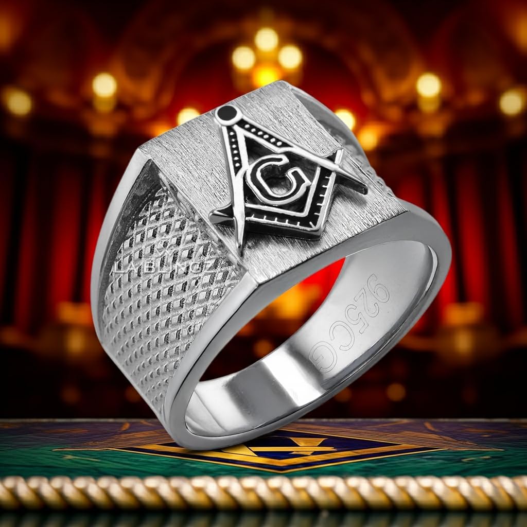 LA BLINGZ Sterling Silver Masonic Signet Ring for Men Brushed Rectangle with Textured Sides Square and Compass Symbol