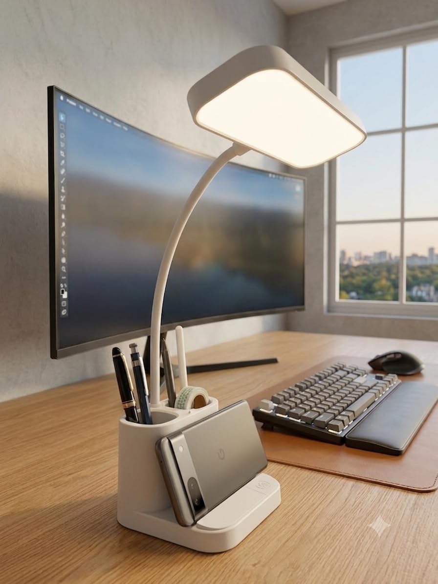 LED Study Table Lamp with Pen Stand & Mobile Holder | Rechargeable Cordless Desk Light | 3 Color Modes Eye-Care Reading Lamp for Students, Office, Home & Study Room-image-4