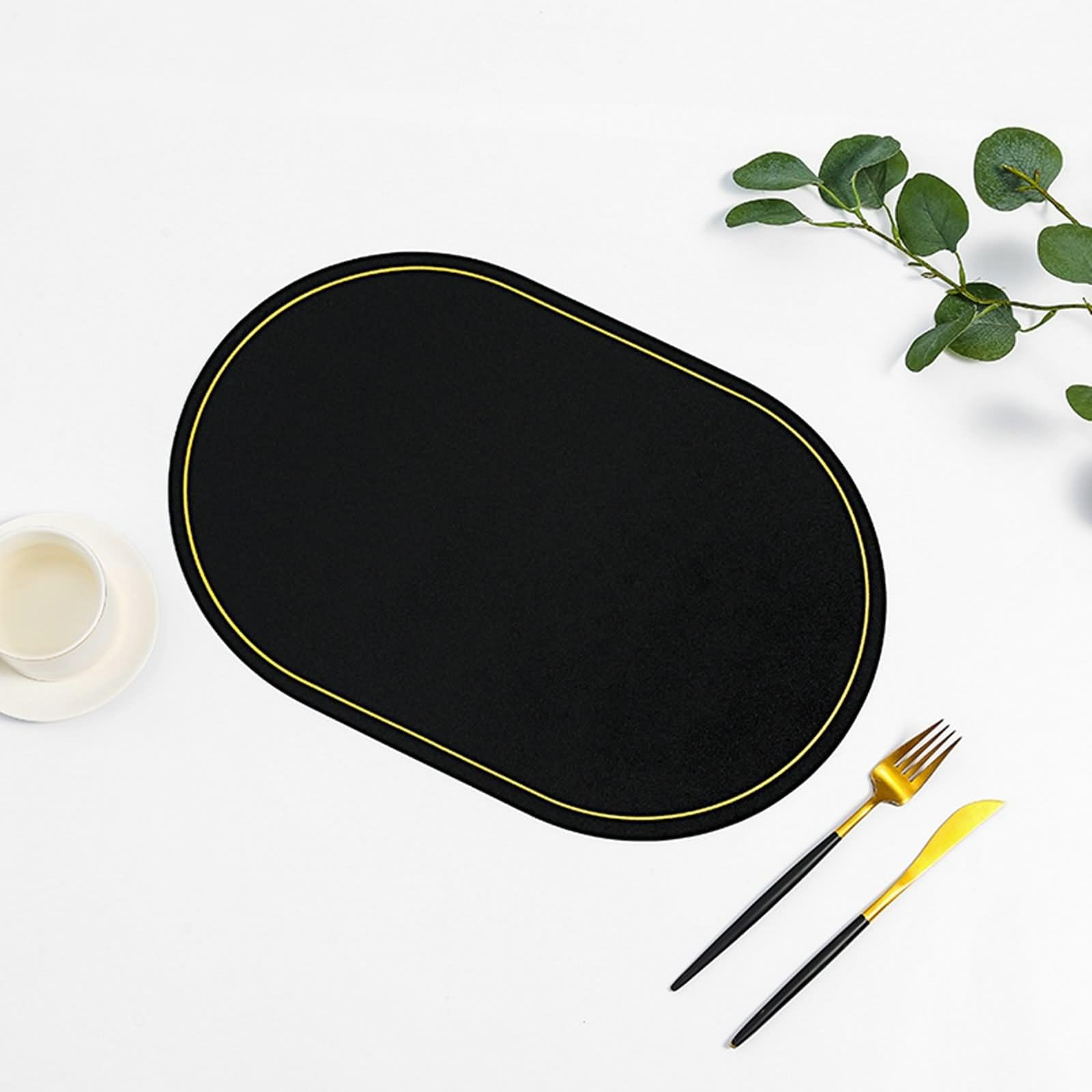 Platzdeckchen Landhausstil 6er Set, Platzsets Schwarz 45x30cm Ovale Form Einfarbig Leder