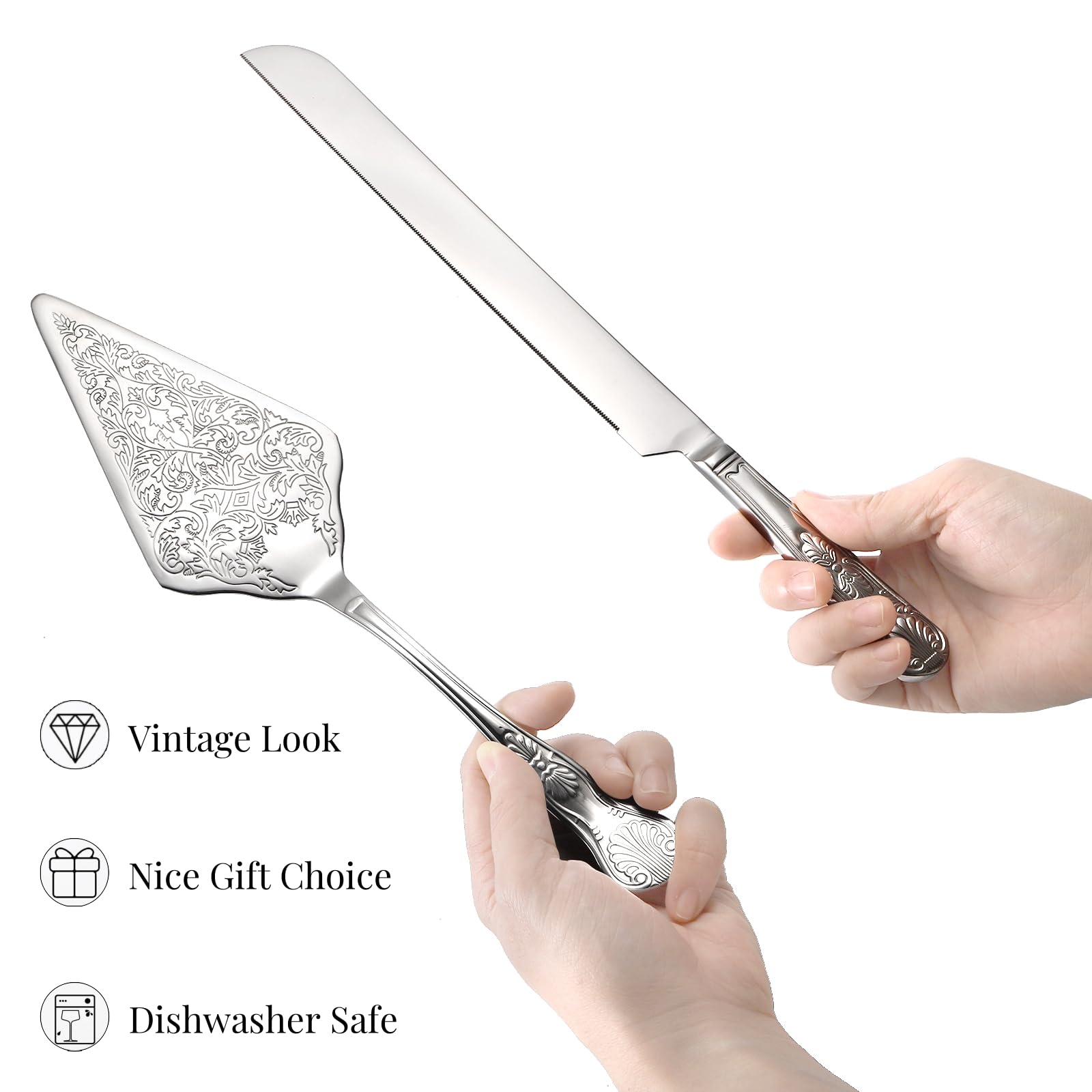 Juego de cuchillo y servidor para tartas de boda, juego de corte de pastel de boda plateado, cortador de pastel grabado de acero inoxidable para boda, compromiso, cumpleaños, aniversario,